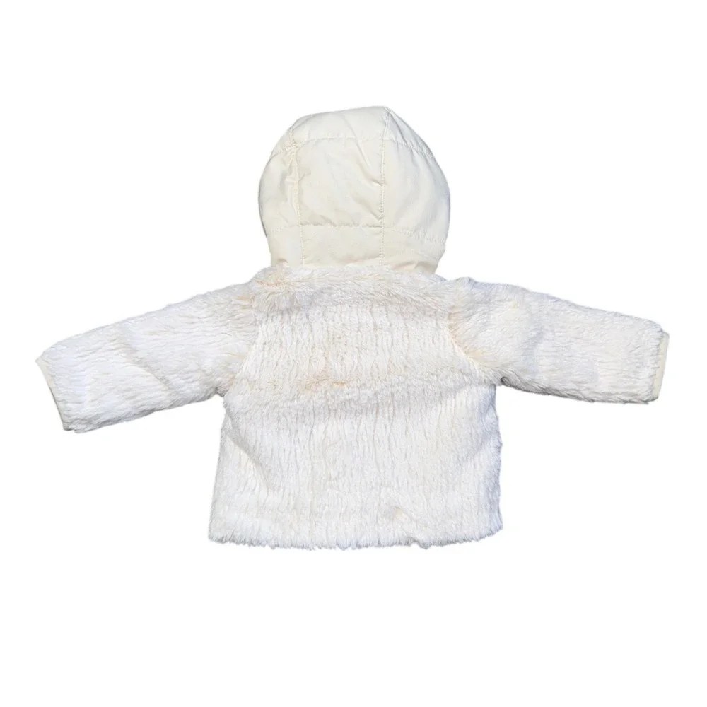 Patagonia Faux Fur Hooded Jacket Kids 0M Cream Excellent Fleece Button Up